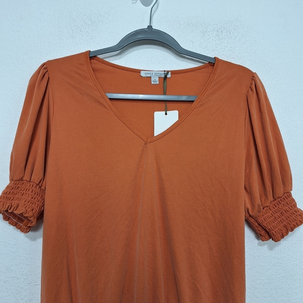 Green Envelope "NEW" Orange Boho Modal Blend Academia Smocked Blouse Size L - Picture 2 of 11